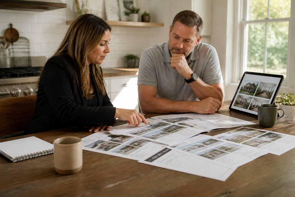 A real estate agent and homeowner reviewing comparable sales printouts and listing sheets spread across a kitchen table, tablet propped up showing property photos, coffee mugs and a spiral notebook nearby, warm afternoon light through the window
