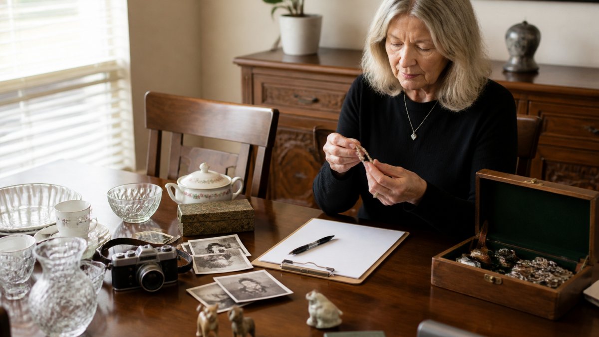 A person sitting at a dining table covered with household items, a clipboard, and a pen, carefully examining a piece of jewelry in natural light