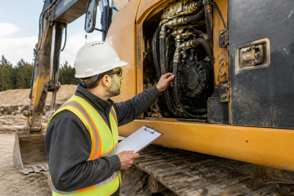 Construction equipment appraiser with clipboard inspecting excavator on job site, checking hydraulic hoses and engine compartment in daylight