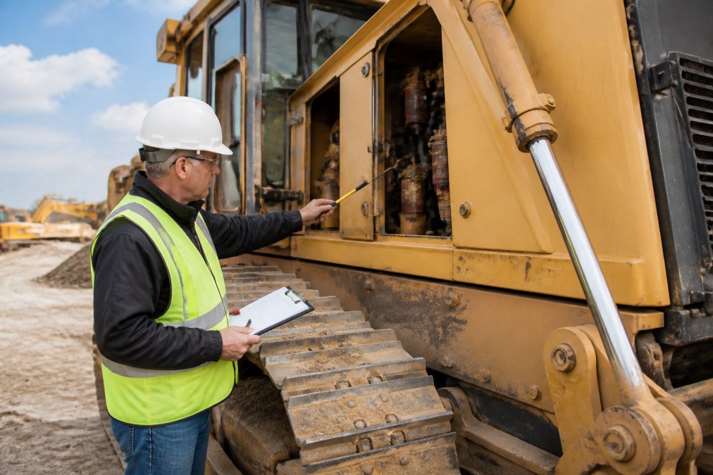Professional equipment appraiser in safety vest inspecting large industrial machinery on outdoor construction site, using clipboard and measuring tools, natural daylight