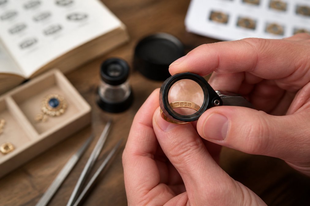 Close-up photograph of a jeweller's loupe held over a gold ring, with hallmark stamps visible on the inner band, soft natural light and shallow depth of field