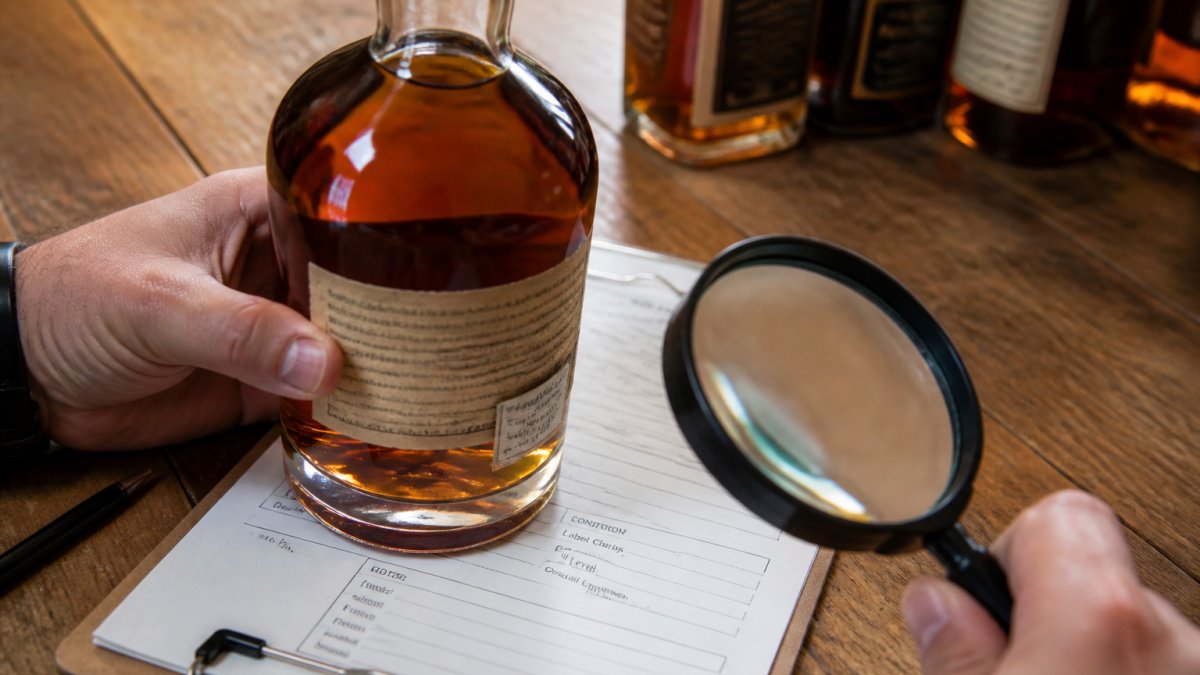 Close-up of a whiskey bottle with a condition assessment sheet and magnifying glass on a wooden table, showing label clarity and fill level evaluation