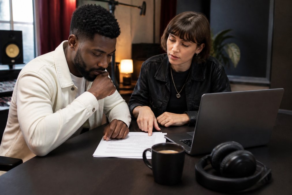 A music producer and a music supervisor reviewing a licensing contract together at a desk, laptop showing a royalty statement, studio headphones resting beside a coffee cup under warm office lighting