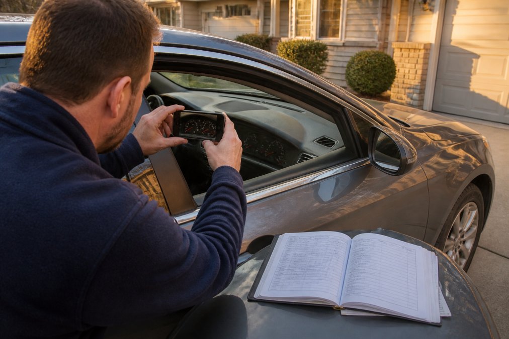 A person in a driveway photographing their car's odometer and dashboard with a smartphone, a maintenance logbook open on the hood, late afternoon sunlight casting long shadows