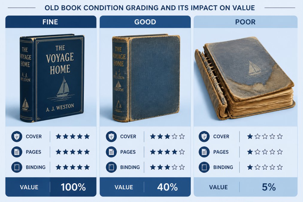 Close-up of three vintage books displayed side by side showing different condition levels, one with pristine dust jacket and sharp corners, another with worn spine and faded lettering, and a third with loose binding, yellowed pages, and water stains