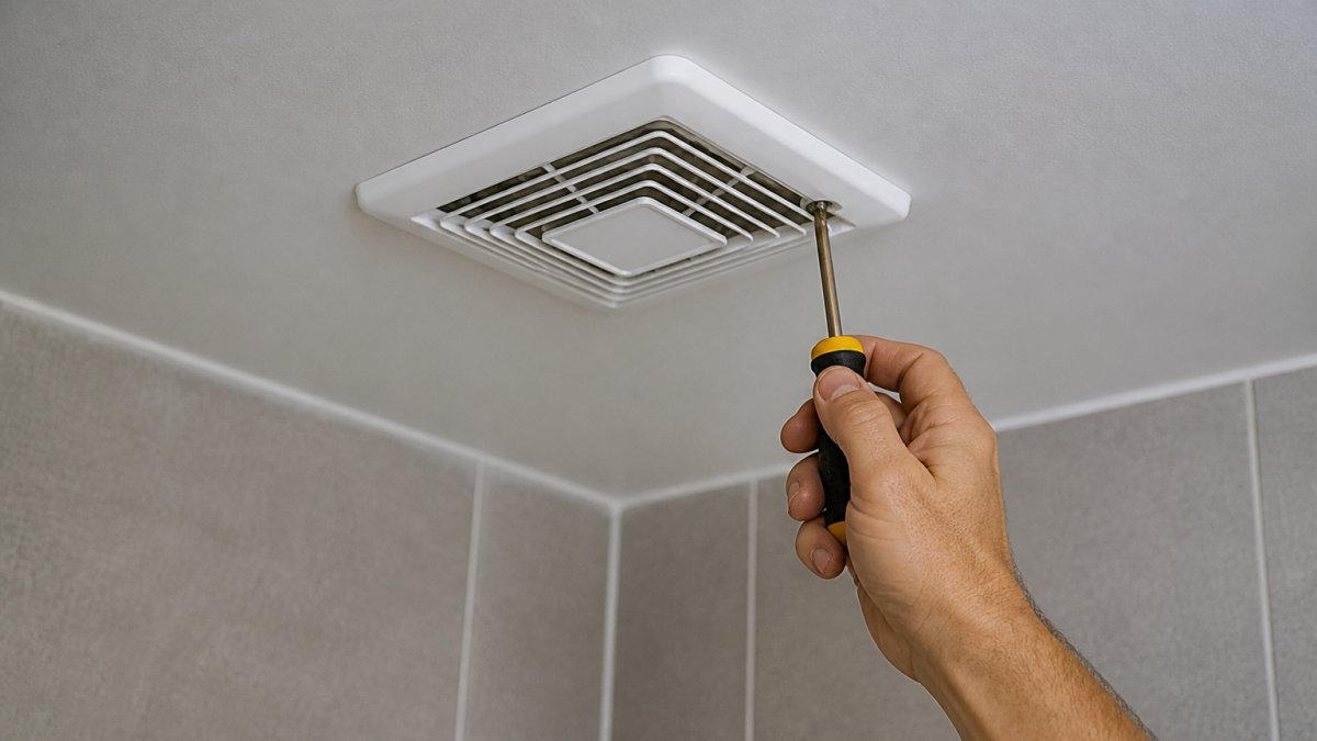 A close-up of a modern ceiling-mounted extractor fan in a tiled wet room, with a hand holding a screwdriver adjusting the cover, showing a clean installation