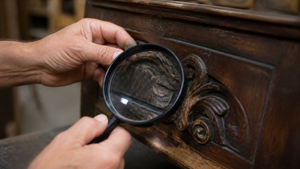 Close-up of hands carefully examining carved maker's mark and signature details on wooden antique furniture with magnifying glass under bright lighting