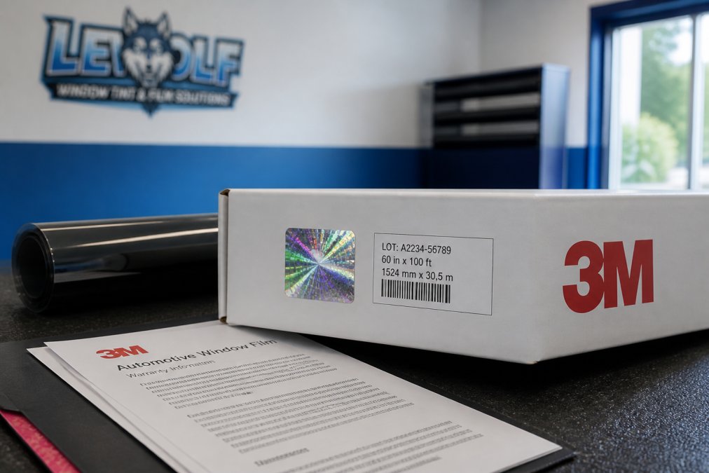Close-up of genuine 3M window film packaging displaying secure holographic code, lot number, and official branding with clear product documentation
