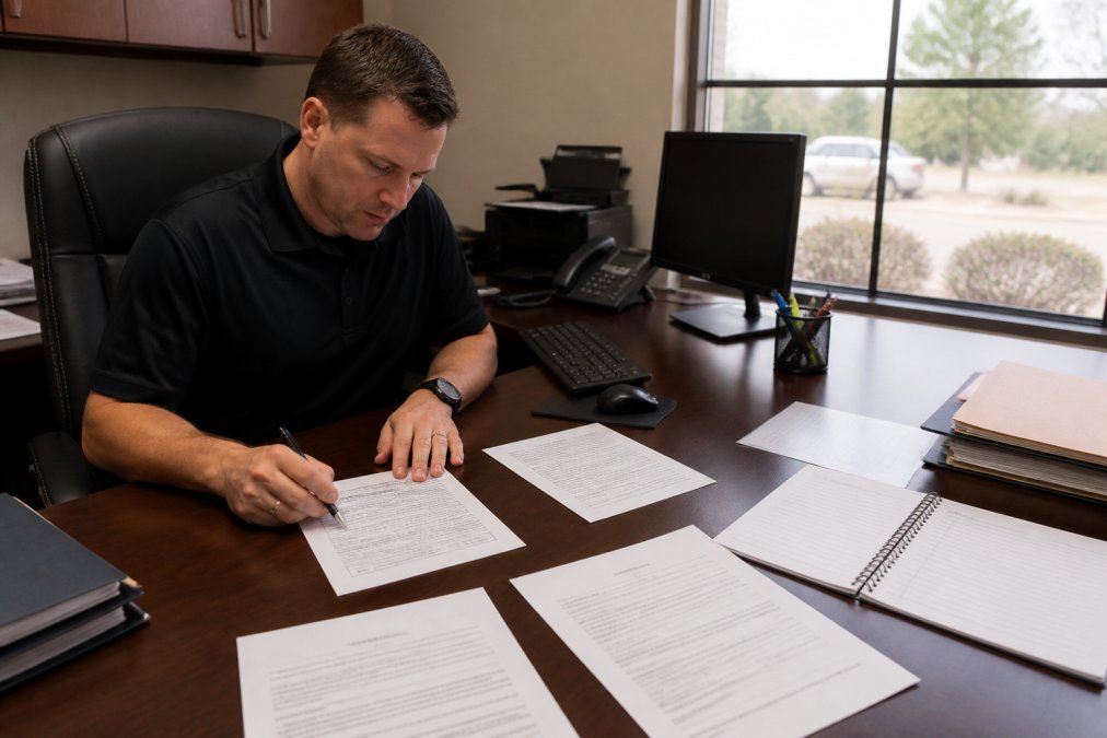 Professional sitting at a desk with multiple documents spread out, using a computer to access state licensing databases, natural office lighting from nearby window