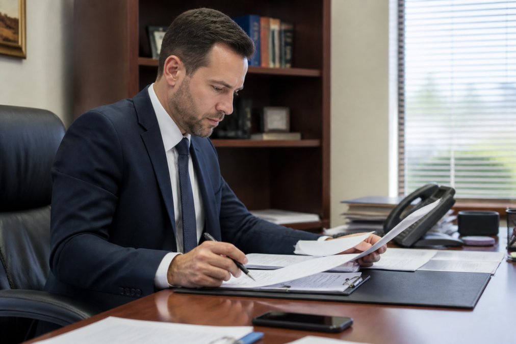 Professional at desk reviewing computer screen displaying state license verification portal with documents and phone nearby
