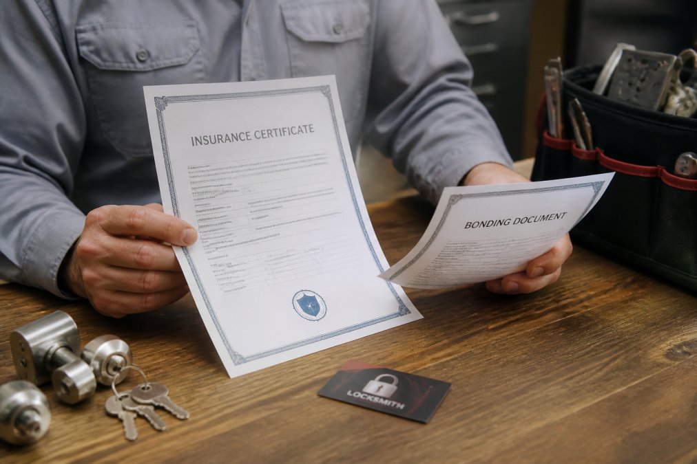 Professional demonstrating how to verify bonded locksmith credentials by examining insurance certificate and bonding document on wooden desk with locksmith business card visible