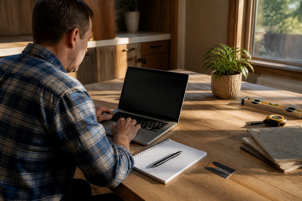 A homeowner sitting at a kitchen table using a laptop to look up a contractor license on a state website, with a notepad, pen, and a contractor's business card nearby, warm afternoon light through the window