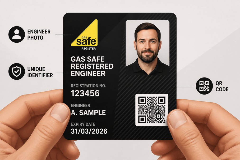 A genuine Gas Safe ID card held in someone's hands showing the front with the unique identifier, engineer's photo, and QR code clearly visible under natural lighting
