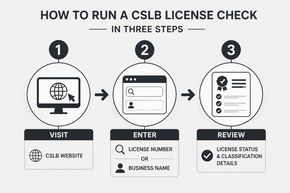 Flowchart showing the 3-step CSLB license check process: Step 1 Visit CSLB website, Step 2 Enter license number or business name, Step 3 Review license status and classification details