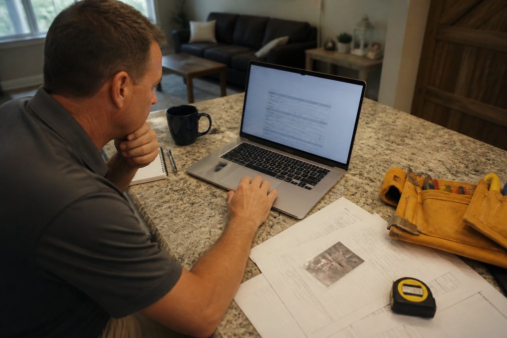 Homeowner at desk reviewing documents and using laptop to search state licensing board website, with contractor information visible on papers nearby, natural office lighting