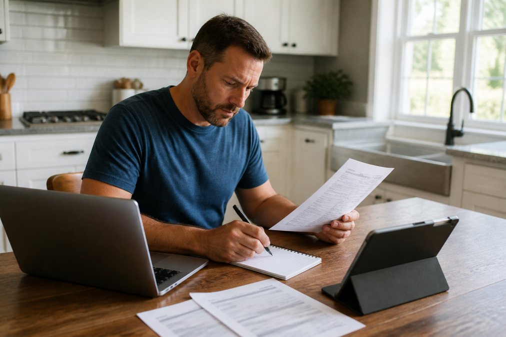 Homeowner at kitchen table with laptop and tablet, reviewing plumbing license documentation while taking notes, natural sunlight from window