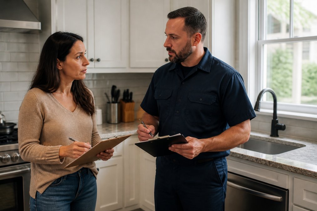 Homeowner in kitchen speaking with uniformed plumber, both holding clipboards and discussing job details, natural light from window