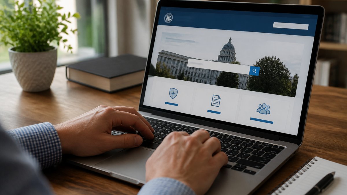 Close-up of a person's hands typing on a laptop, with a state licensing agency website visible on the screen, in a bright home office