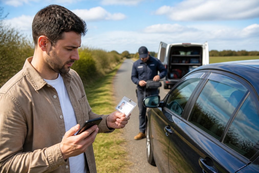 Driver checking a photo ID badge to verify locksmith credentials while standing beside a locked car on the roadside