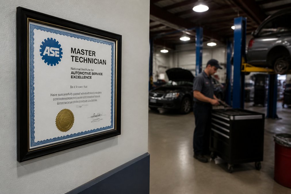 Infographic process to verify master certified mechanic by checking ASE credentials displayed in the repair shop.