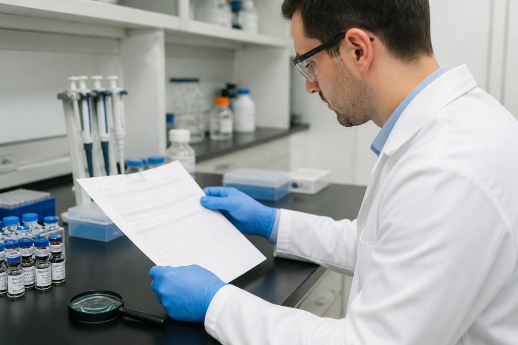 Researcher examining a printed certificate of analysis document under bright laboratory lighting, with a magnifying glass on the desk and batch number clearly visible