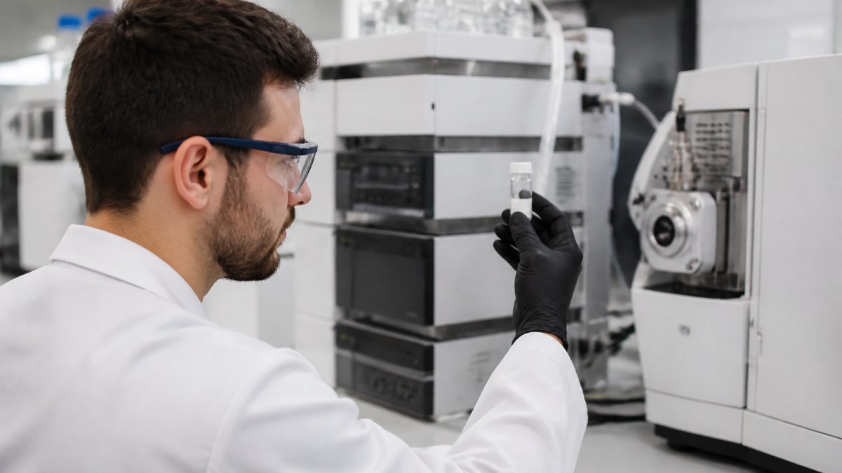 Professional scientist in laboratory holding a clear peptide vial while reviewing analytical data on a computer monitor, with HPLC and mass spectrometry equipment visible in the background under bright laboratory lighting