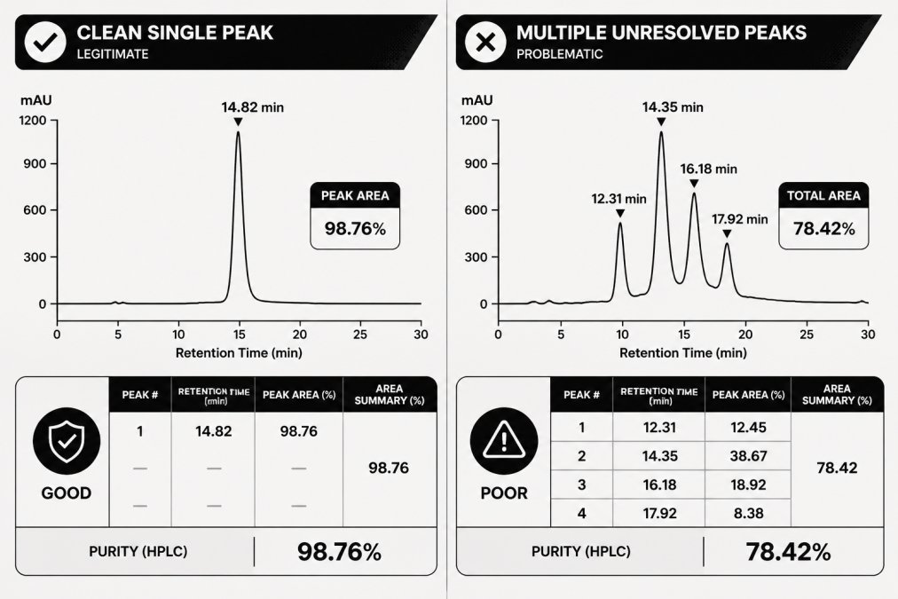 Side-by-side HPLC chromatograms showing a clean single peak (legitimate) versus multiple unresolved peaks (problematic), with retention time and peak area annotations clearly visible