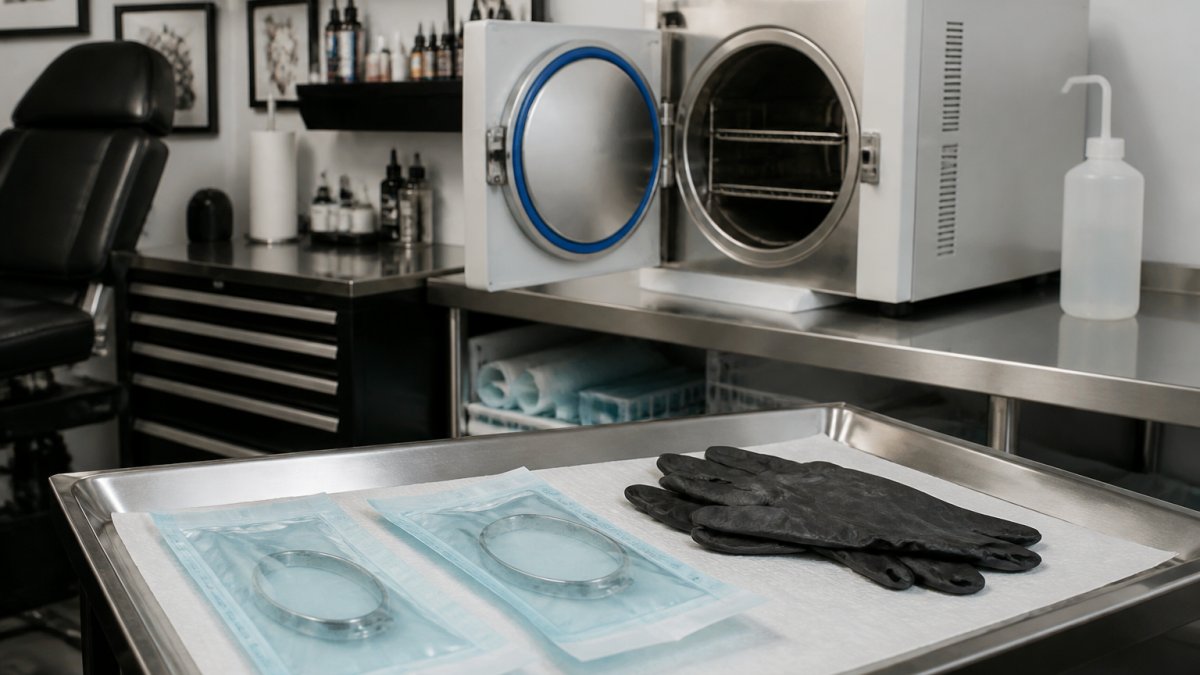 A clean, well-lit piercing studio station with sealed sterile equipment pouches, fresh disposable gloves, and an autoclave visible in the background