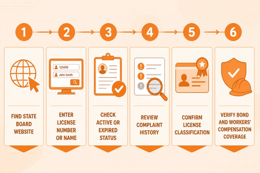 Flowchart showing six license verification steps: find state board website, enter license number or name, check active or expired status, review complaint history, confirm license classification, verify bond and workers' compensation coverage
