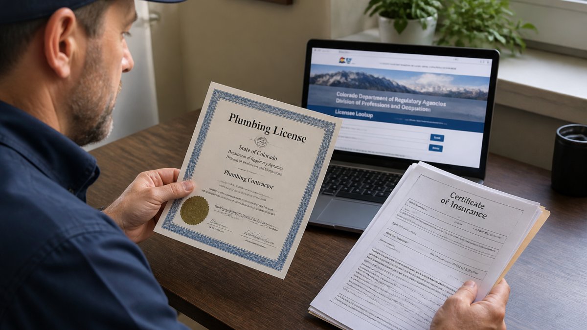 Professional holding plumbing license certificate and insurance documents on desk with laptop showing state licensing board website in background