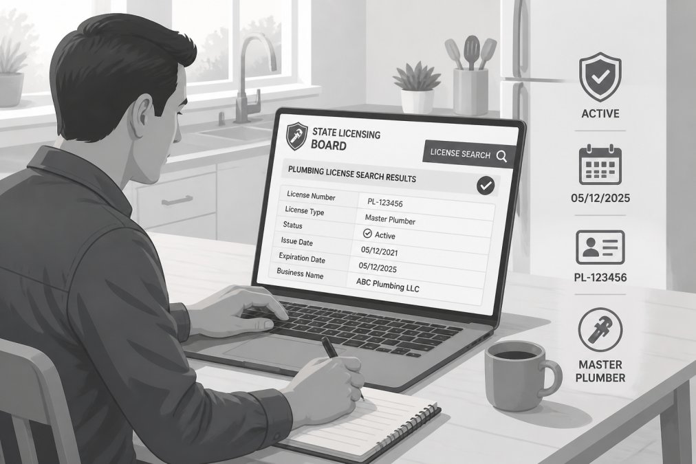 Homeowner sitting at a kitchen table with a laptop and notepad, carefully reviewing a state licensing board website on the screen showing plumbing license search results in natural afternoon light