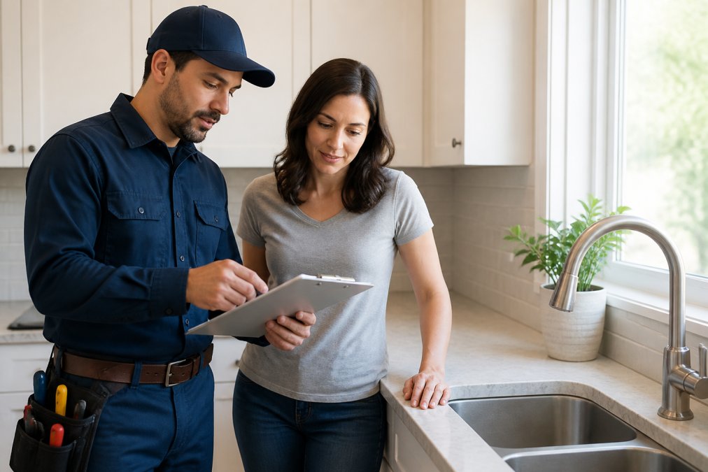 Professional plumber in uniform and cap standing in a residential kitchen, reviewing project details on a clipboard with a homeowner, both examining the sink area with natural light streaming through the window