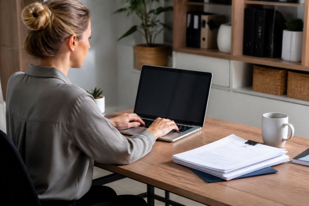 A property manager sitting at a modern desk, using a laptop to search the QBCC licensee register, with printed fire compliance documents stacked beside a coffee cup in a well-lit home office