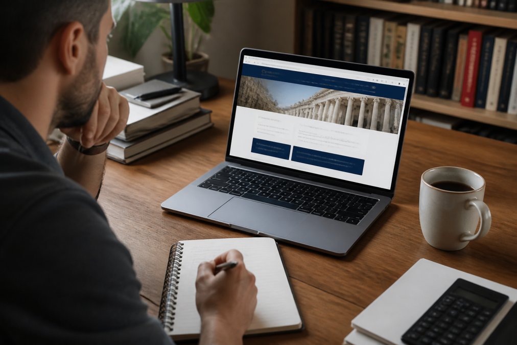 A person at a home office desk with a laptop open to a government business registry page, a notepad with handwritten notes, and a cup of coffee nearby