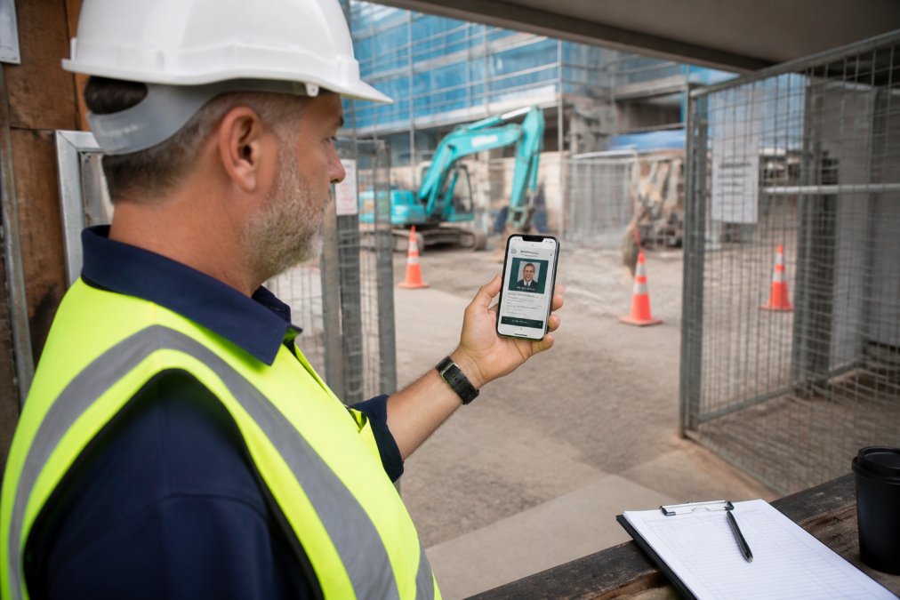 A site supervisor in a high-visibility vest and hard hat holding a smartphone showing a verification portal, standing at a construction site entrance with a clipboard nearby