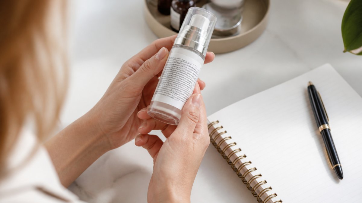 Close-up of a person's hands holding a skincare serum bottle turned to show its ingredient panel, with a notebook and pen on a bright table beside it