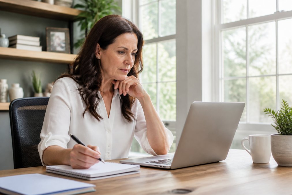 A woman in her 40s sitting at a bright home office desk, intently reviewing a state medical board verification website on her laptop, with a notepad and pen beside her