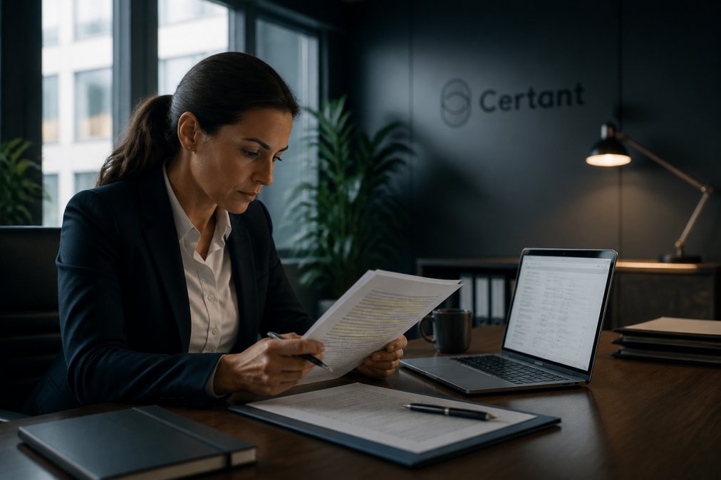 A compliance officer at a desk reviewing a printed AI answer with highlighted source citations beside a laptop showing a document trail, in a quiet modern office