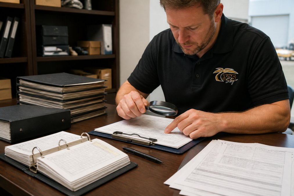 Professional aircraft maintenance inspector reviewing official FAA airworthiness documents and logbooks spread across a desk with a clipboard, pen, and magnifying glass in natural office lighting