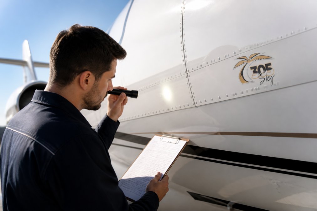 Aircraft maintenance technician performing detailed exterior inspection of aircraft fuselage, checking rivets and surfaces with flashlight and clipboard, natural daylight