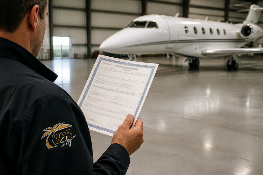 Maintenance manager's hand holding a certificate of insurance document while standing on a hangar floor with a private jet visible in the background