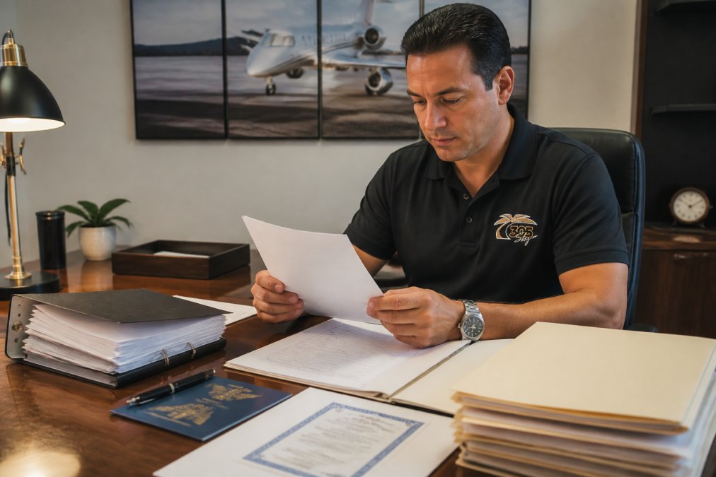Professional aircraft owner or broker reviewing FAA aircraft registration documents and N-number paperwork at desk with certification records and title search forms visible