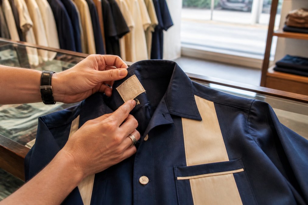 Close-up of hands carefully examining a vintage bowling shirt's care label, seams, and button construction under natural lighting in a bright retail setting