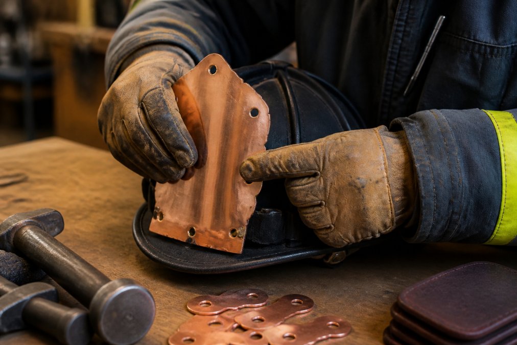 Close-up of a firefighter's gloved hands examining a brass front holder on a leather fire helmet, inspecting the stamped markings and finish under bright fluorescent fire station lighting