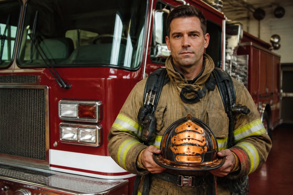 A firefighter in full turnout gear holding a polished leather helmet with a gleaming brass front holder, standing in front of a red fire engine in a well-lit station bay, looking directly at camera