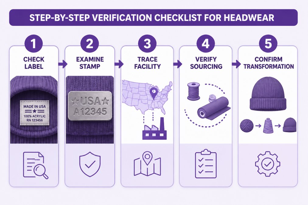 Flowchart showing 5-step verification process: Step 1 Check internal label for country of origin and manufacturing details, Step 2 Examine metal stamp or serial number for authenticity markers, Step 3 Trace manufacturing facility location and verify domestic address, Step 4 Verify domestic sourcing of primary materials and components, Step 5 Confirm substantial transformation occurred in manufacturing