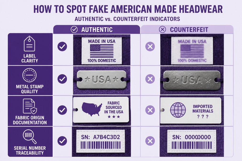 Comparison matrix showing authentic vs. counterfeit indicators across four categories: Label Clarity (Authentic: crisp, professional printing; Counterfeit: blurry, faded text), Metal Stamp Quality (Authentic: deep, precise embossing; Counterfeit: shallow, worn, or missing), Fabric Origin Documentation (Authentic: clearly stated domestic sourcing; Counterfeit: vague or undisclosed), Serial Number Traceability (Authentic: corresponds to manufacturing facility; Counterfeit: generic or non-existent)