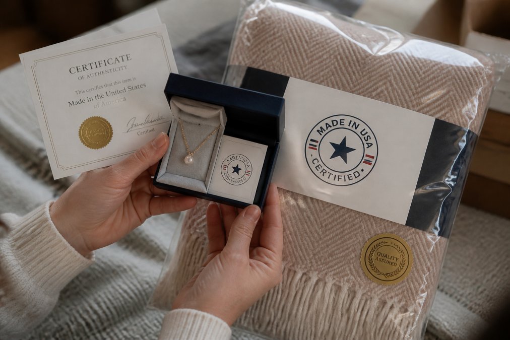 Hands holding a personalized gift item with visible certification marks and authenticity documentation, showing proper labeling and quality assurance details on jewelry and blanket packaging