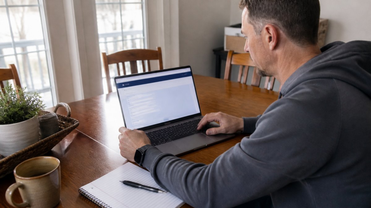 Homeowner at a laptop reviewing state licensing website with a notebook and pen nearby, focused on screen showing search fields
