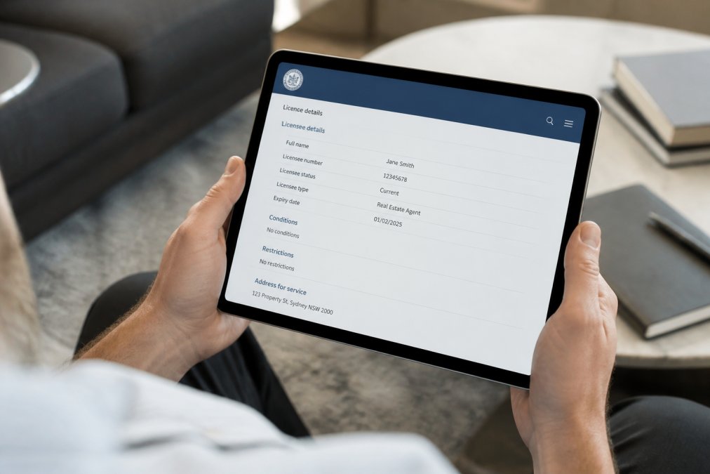 Close-up of hands holding a tablet displaying an official government real estate licensing register portal with verification details visible on screen